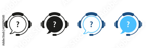 FAQ Silhouette Icon Set. Question and Answer Pictogram. Customer Support Service Symbol Collection. Online Operator, Headset with Speech Bubble and Question Mark Sign. Isolated Vector Illustration