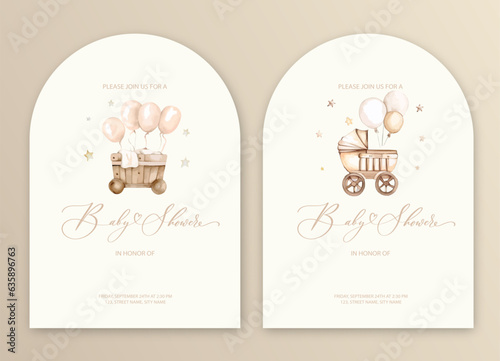 Cute baby shower watercolor invitation card for baby and kids new born celebration with baby carriage.