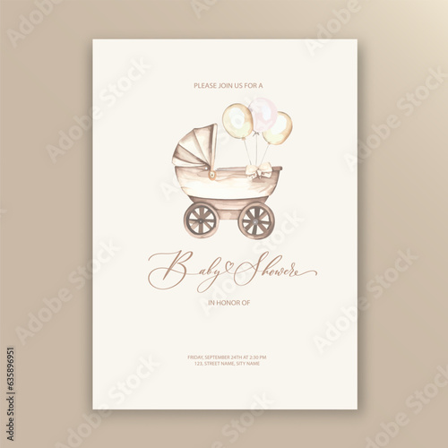 Cute baby shower watercolor invitation card for baby and kids new born celebration with toys and balloons.