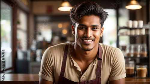 Indian man in apron against the background of a food hall, bar or restaurant