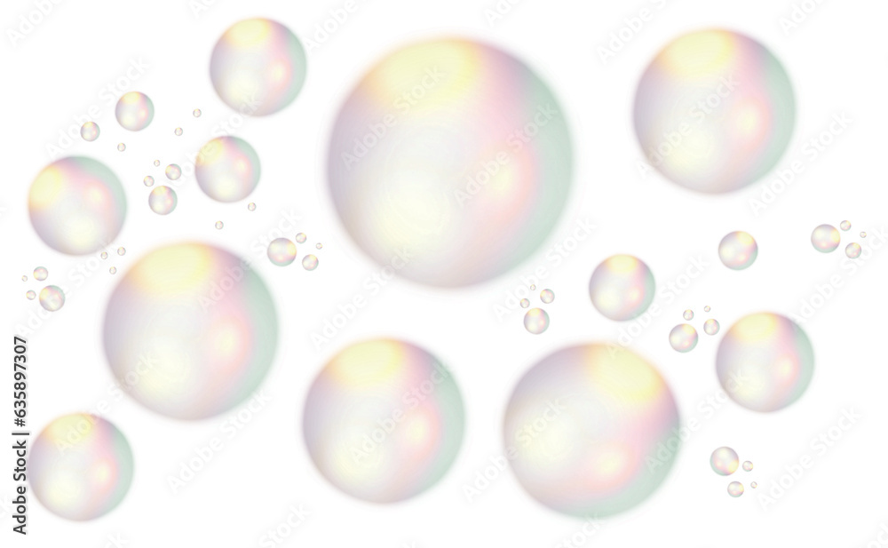 Set of realistic transparent colorful soap bubbles with rainbow reflections isolated on clear background.