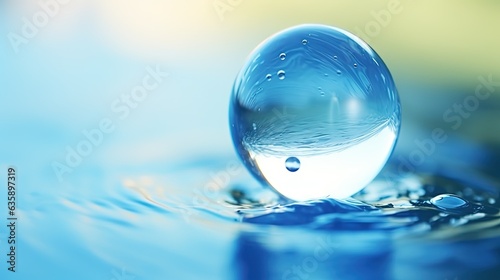  a drop of water that is floating in the air on a blue surface. generative ai