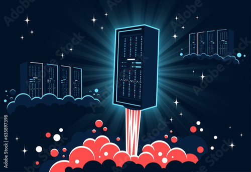Launching a new server in the cloud storage. The server takes off into space like a rocket. 3d vector illustration.