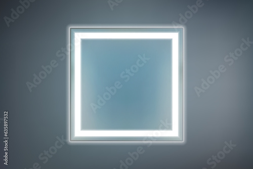 Square mirror with white LED lighting on a dark background. Original piece of furniture with modern lighting