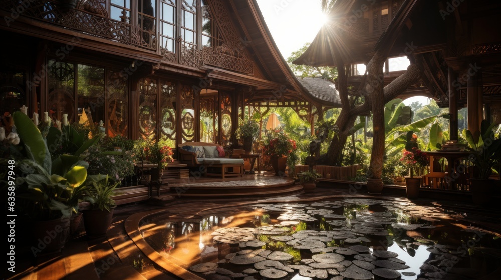 A period wooden Thai house, made of teak with golden Kanok pattern, photography shot, exterior house design A period wooden Thai house, made of teak with golden Kanok pattern, photography shot, exterior house design