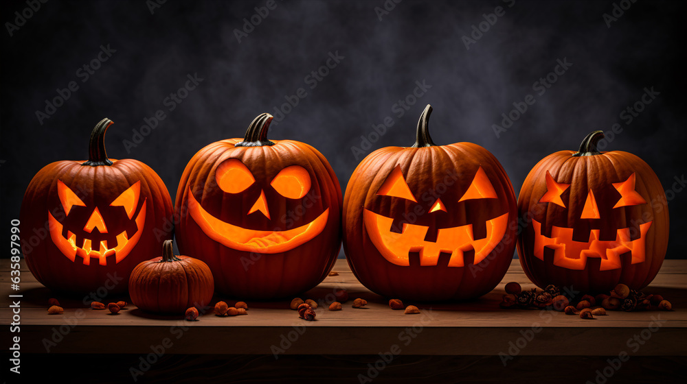 Obraz premium Vibrant orange pumpkins carved into wickedly grinning jack-o'-lanterns, ideal for adding a touch of spookiness to your Halloween social media posts