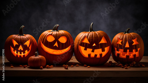 Vibrant orange pumpkins carved into wickedly grinning jack-o'-lanterns, ideal for adding a touch of spookiness to your Halloween social media posts