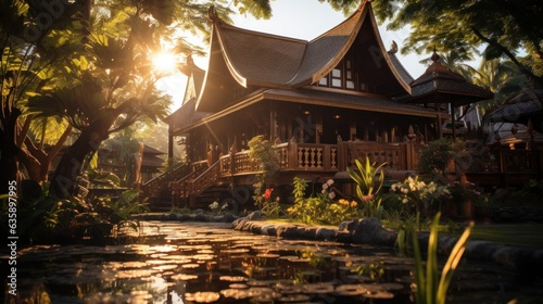 A period wooden Thai house, made of teak with golden Kanok pattern, photography shot, exterior house design photo