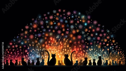  a group of cats sitting in front of a firework display. generative ai