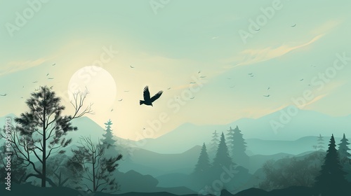  a bird flying over a forest with a sun in the background. generative ai