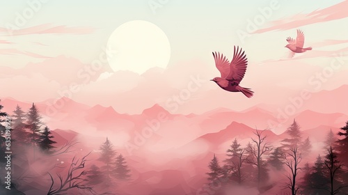  a painting of two birds flying over a mountain range at sunset.  generative ai