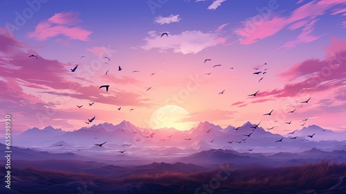 a painting of a sunset with birds flying in the sky. generative ai © Nadia