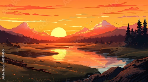 Autumn landscape with grassland, orange view of sunset.Concept Art Scenery. Book Illustration. Video Game Scene. Serious Digital Painting. CG Artwork Background. Generative AI 