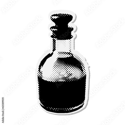 Potion in a glass flask- Halloween halftone mixed media collage paper sticker. Dotted Vintage illustration in 90s zine Paper piece style.