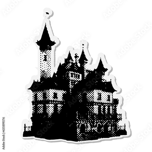 Dracula's sinister castle- Halloween halftone mixed media collage paper sticker. Dotted Vintage illustration in 90s zine Paper piece style.