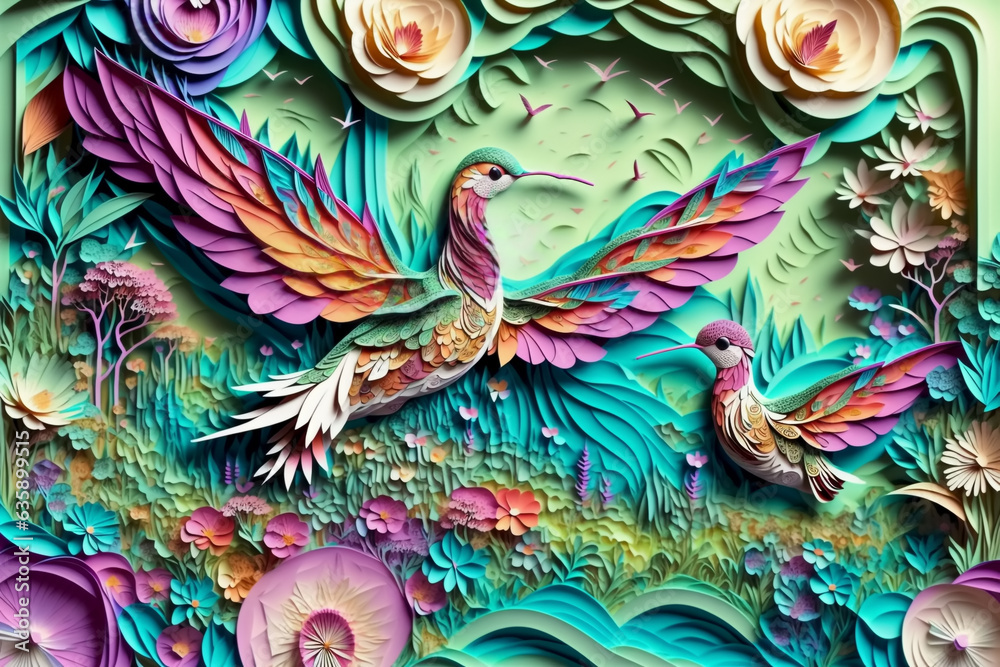 Flying hummingbird against a background of flowers. Generative AI Flying hummingbird against a background of flowers. Generative AI