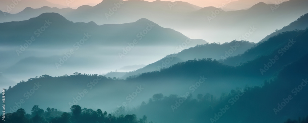 Amazing natural scenery of mountains in mist in the morning