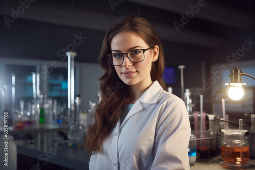 Woman chemistry teacher portrait in chemistry lab