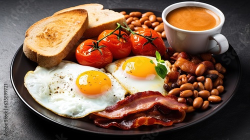  a plate of food with eggs, bacon, tomatoes, beans and toast. generative ai