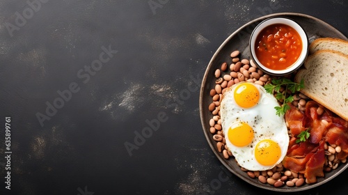  a plate of food with eggs, beans, and bread. generative ai