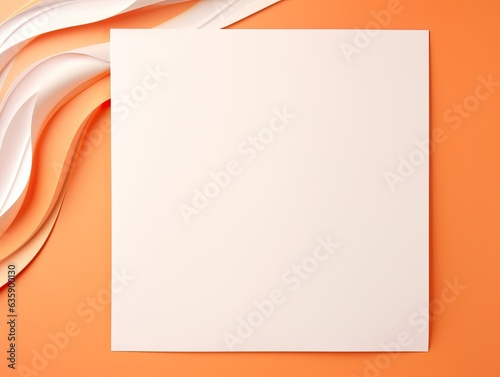Top view blank paper. Desktop mock up, Flat lay of orange working table background with office equipment, mockup greeting card
