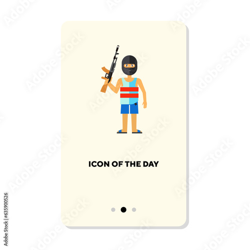 Angry terrorist in mask holding rifle flat vector icon. Armed attack equipment isolated vector illustration. Criminality and terrorism, war concept for web design and apps