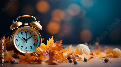 Daylight Saving Time. Alarm clock and orange color leaves on wooden table. Autumn time. Fall time change. Autumn leaves fall and winter approaches, the concept of daylight saving time.