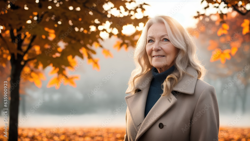 Portrait of happy woman looking at camera. Blurred background with mockup. Generative AI.