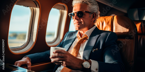 Smiling businessman holding cup and looking at window in private plane photo