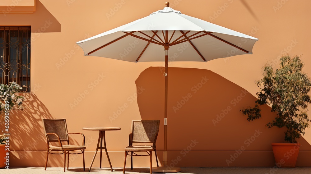  two chairs and a table with an umbrella in front of a building.  generative ai