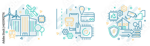 Set of 3 smart city icon illustrations with editable stroke line. Energy efficiency sustainability mobility vector isolated concept