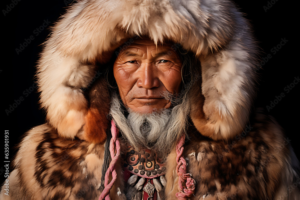 Portrait of eskimo man. Photographer award winning style, alaska, esquimal,  siberia inuit inuk - obrazy, fototapety, plakaty 