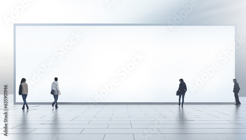 several people walking around a blank poster, in the style of interior scenes.