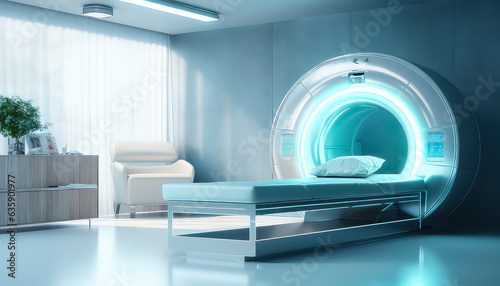futuristic interior of a medical room with a mri on the wall