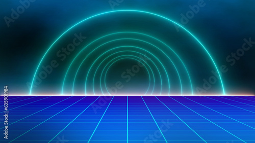 Fototapeta Naklejka Na Ścianę i Meble -  Retro style 80s-90s neon background. Futuristic Grid landscape. Digital Cyber Surface. Suitable for design in the style of the 1980s-1990s. 3D illustration