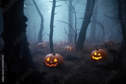 Halloween pumpkins in a dark, foggy forest