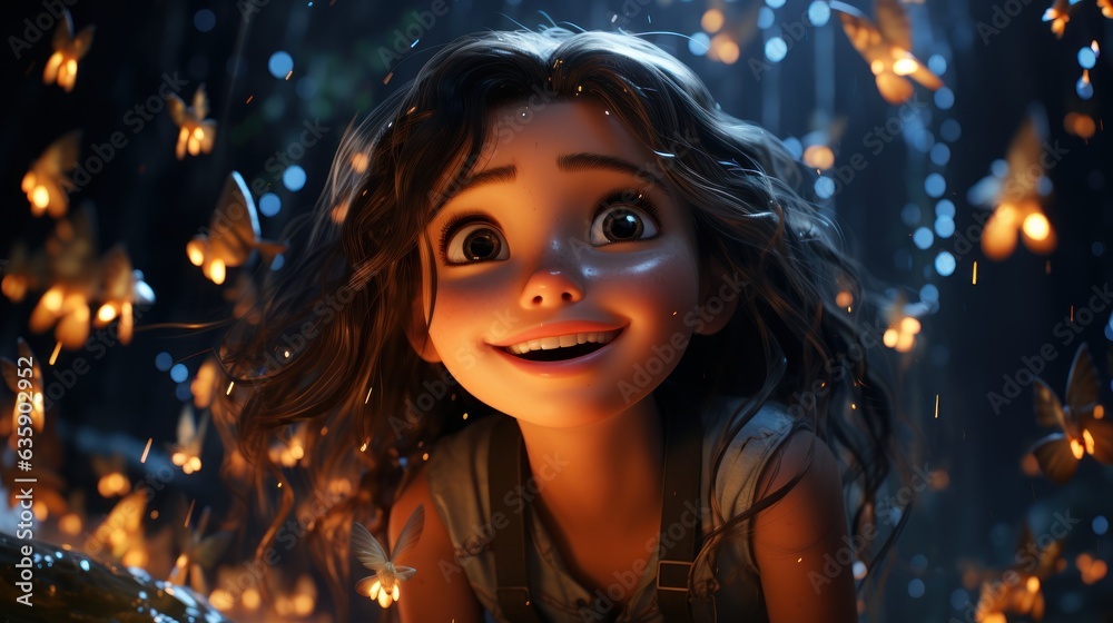 Close - up of a beautiful and cute little firefly; a beautiful waterfall surrounded by the background; style Pixar 3D animation inspired by Pete Docter; rendered in vibrant cool tones,