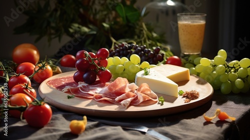  a wooden plate topped with meat and cheese next to grapes. generative ai