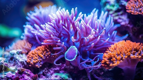  a close up of a purple sea anemone on a coral.  generative ai