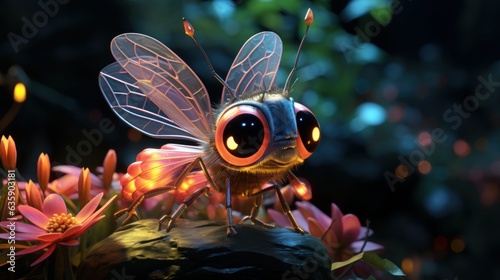 Close - up of a beautiful and cute little firefly  a beautiful waterfall surrounded by the background  style Pixar 3D animation inspired by Pete Docter  rendered in vibrant cool tones 