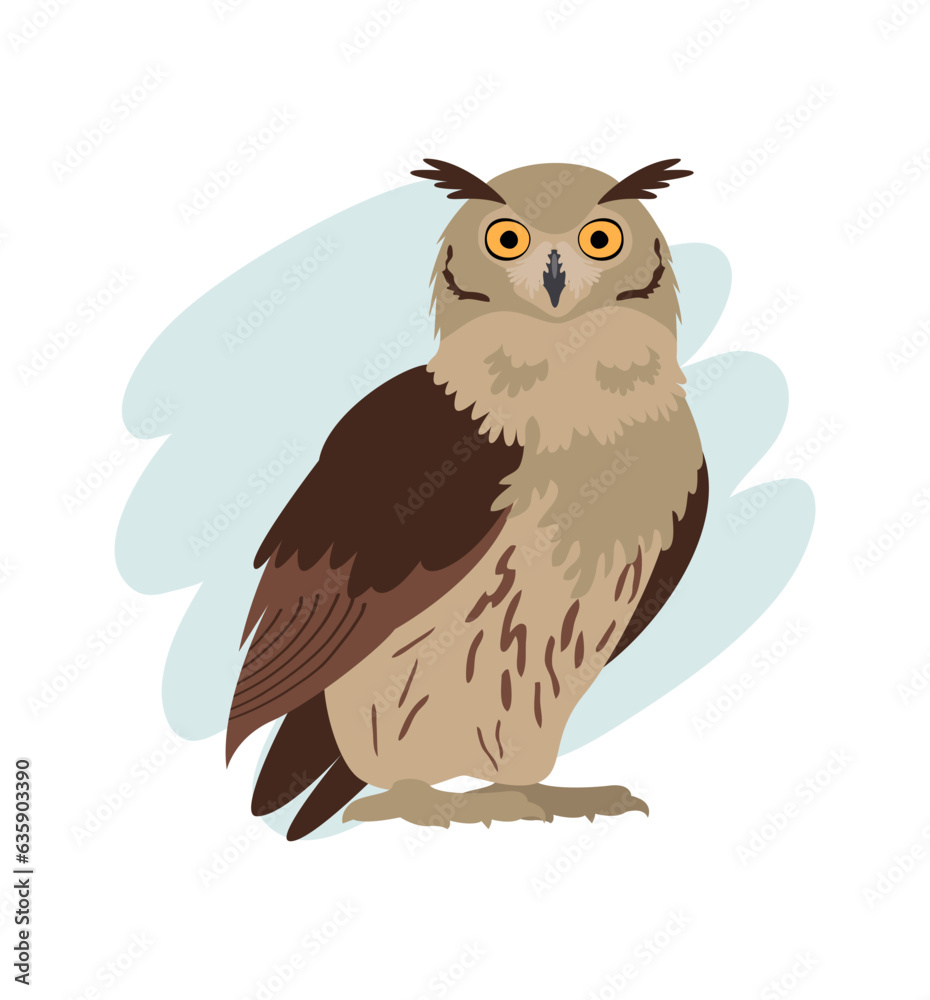 Obraz premium Bird of prey Eurasian eagle owl. Vector flat cartoon illustration on the background of a yellow spot by hand