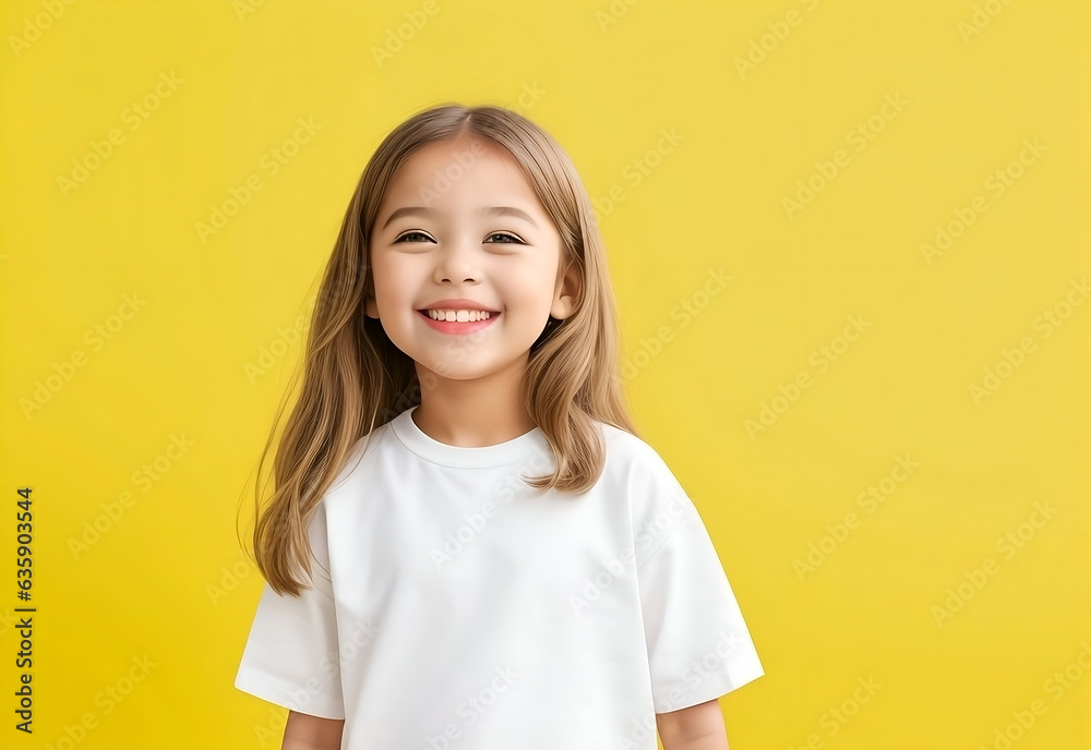 portrait of female child, american, asian, canadian, australian cute smiling little girl wearing white t-shirt cloths in yellow background portrait of female child, american, asian, canadian, australian cute smiling little girl wearing white t-shirt cloths in yellow background
