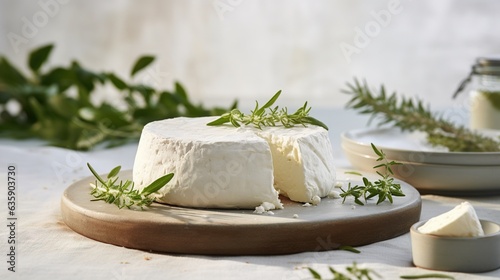  a piece of cheese on a plate with some herbs on it.  generative ai
