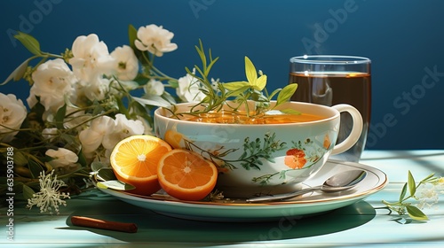  a cup of tea with orange slices and flowers on a plate.  generative ai