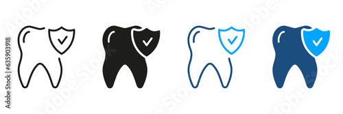 Teeth Protection and Hygiene Silhouette and Line Icon Set. Tooth Defense. Dental Treatment Symbol Collection. Medical Insurance, Oral Care Black and Color Pictogram. Isolated Vector Illustration