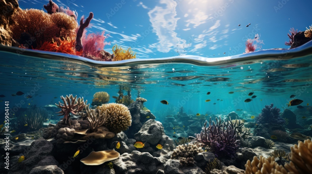 A captivating underwater shot of colourful coral reefs and marine life, natural lighting,