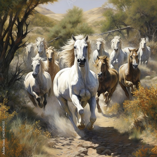 A topp 25 horses running through bush, Generative AI.	 photo