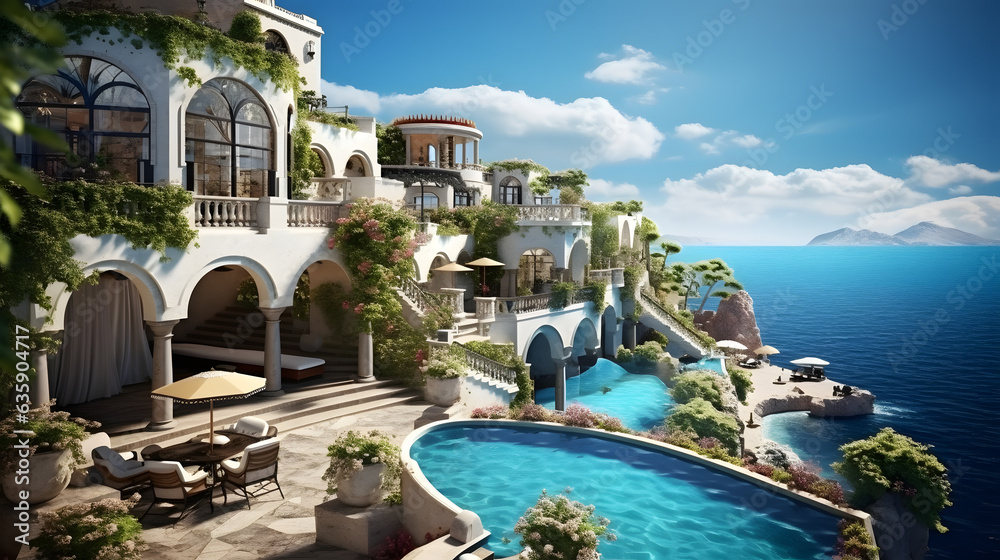Step into a world of coastal elegance with this mesmerizing image of Mediterranean houses. These architectural gems showcase intricate details, from arched doorways and wrought iron balconies to color