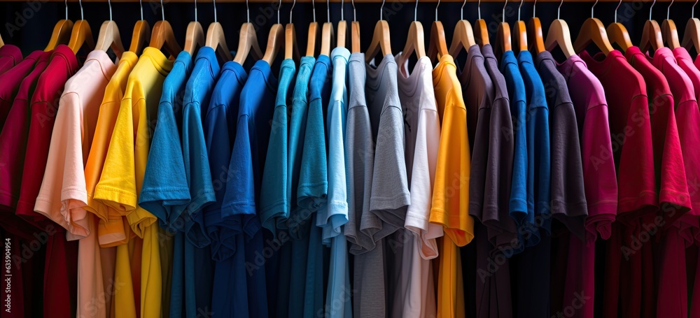 colorful t shirts on racks on dark background Generative AI