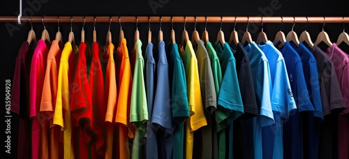 colorful rack hanging in dark with many colorful t shirts Generative AI